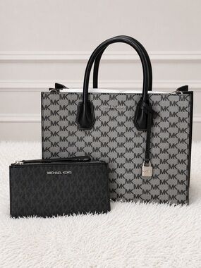 Michael Kors Mercer Tote Jet Set Double Zip Wallet Gray/Black NWOT Set